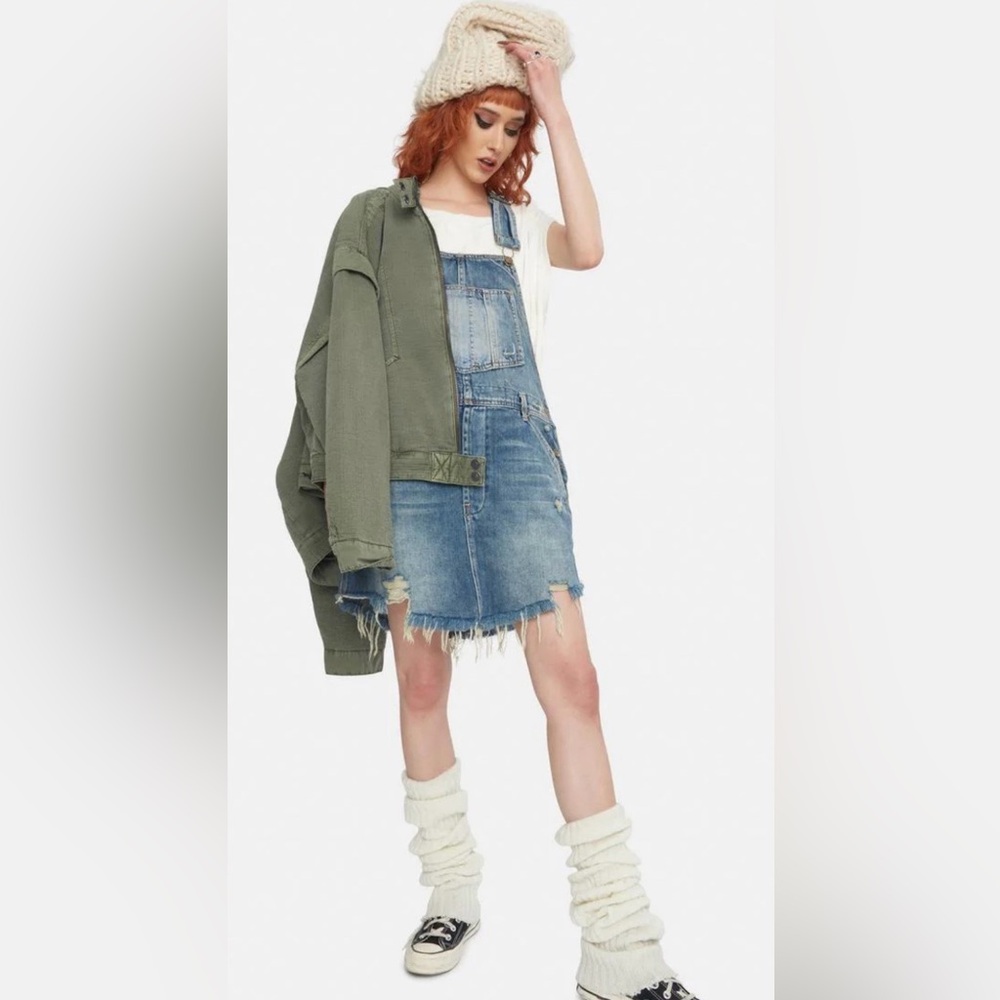 NWT Free People Blue Distressed Denim Overall Dress